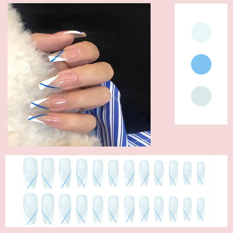Blue Thin Line With White Tip Nails 15
